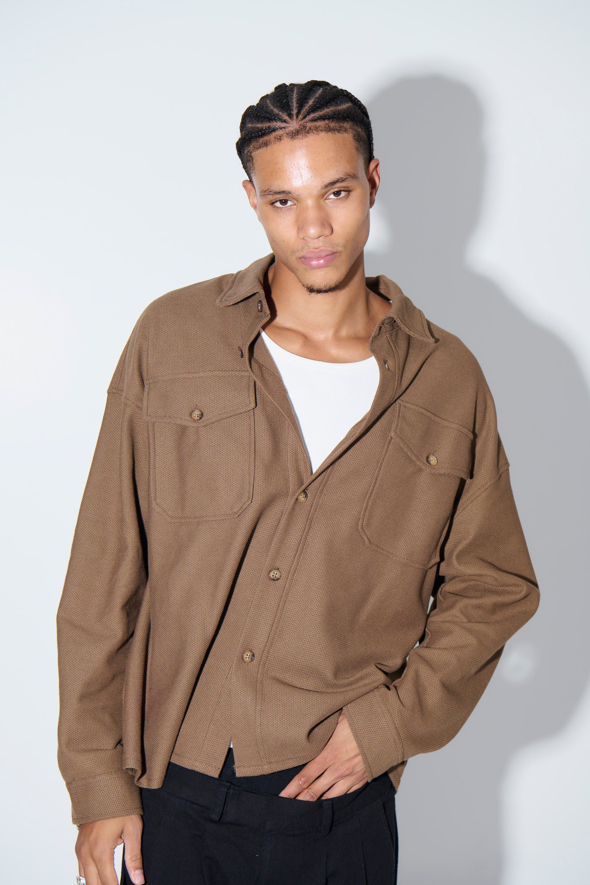 Khaki Textured Button-Up – Long Sleeve