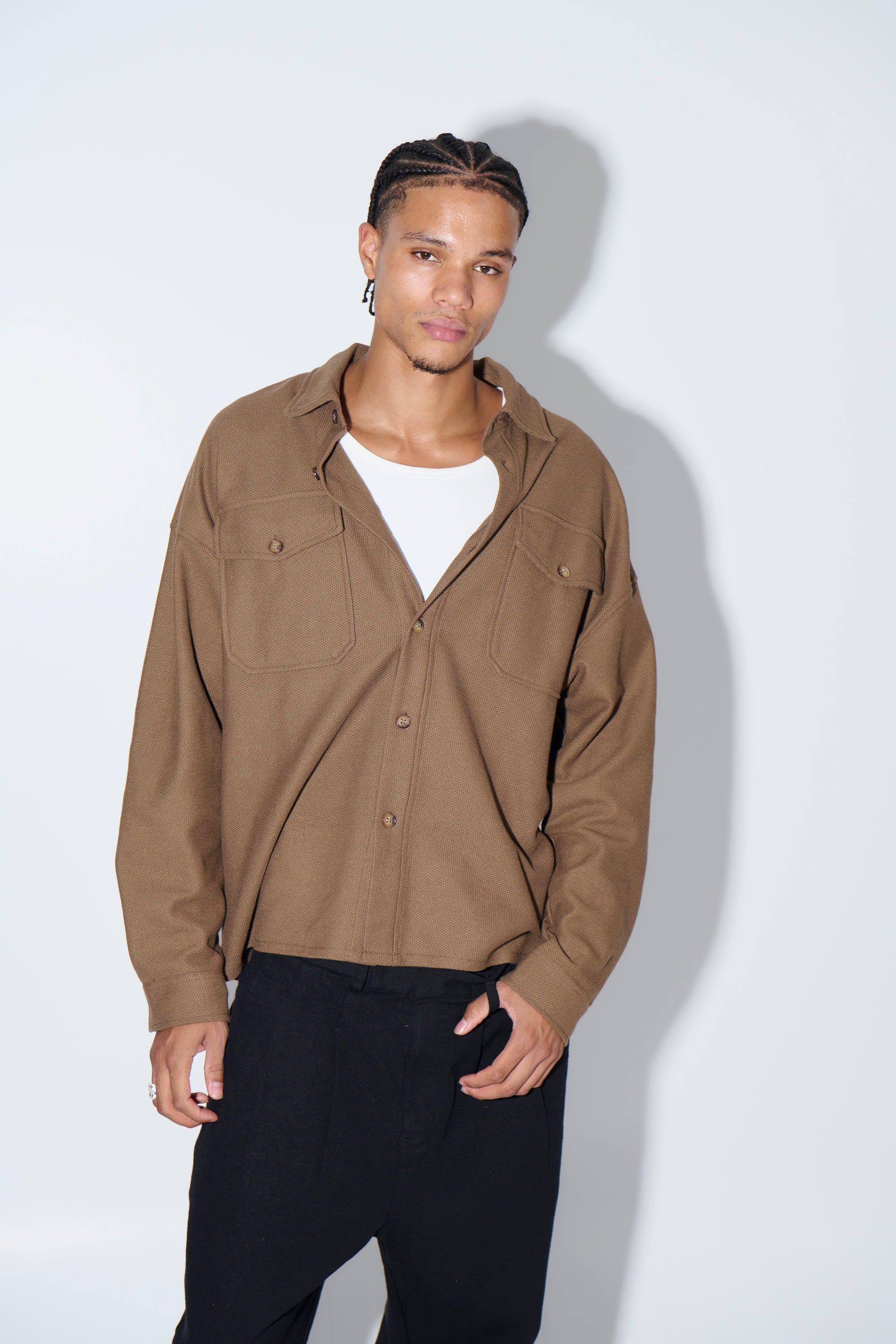 Khaki Textured Button-Up – Long Sleeve